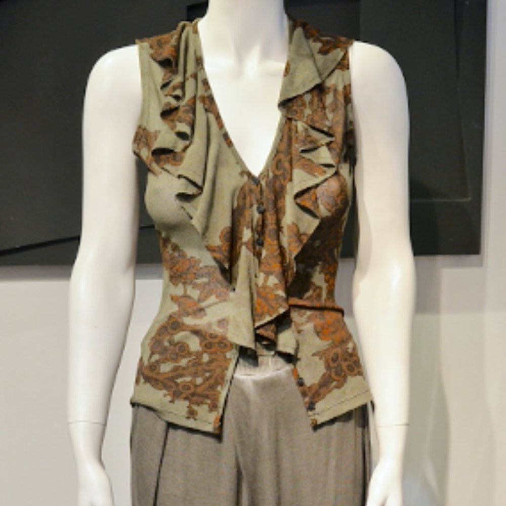 Vintage Slate Green with Rust Floral Ruffle Blouse